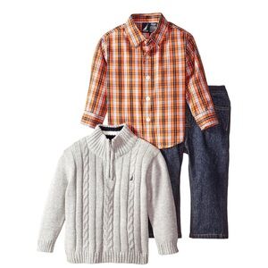 Nautica 3pc Orange Plaid Shirt, Gray Sweater, Jeans Set